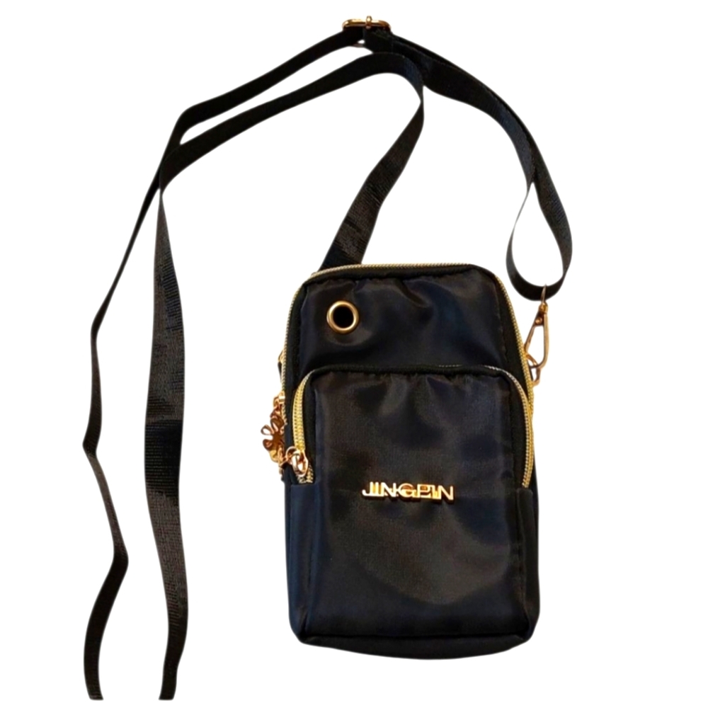 Jingpin Waterproof Crossbody Phone Wallet NWOT Black With Gold Logo